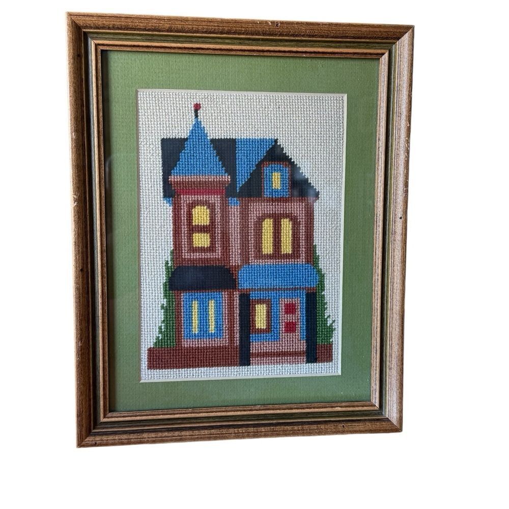 Vintage 70’s Framed Needlepoint House Art With Green Mat inside Brown Wood Frame